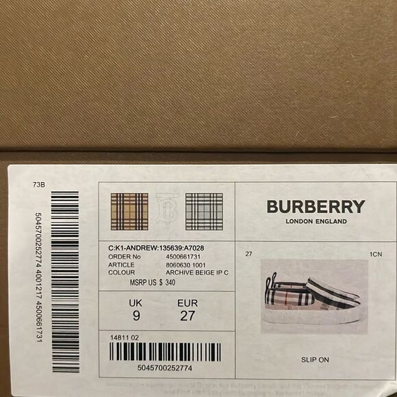 Burberry Kid's Andrew Check Slip-On Sneakers, Archive Beige, NWT, Size 27 - Picture 5 of 6